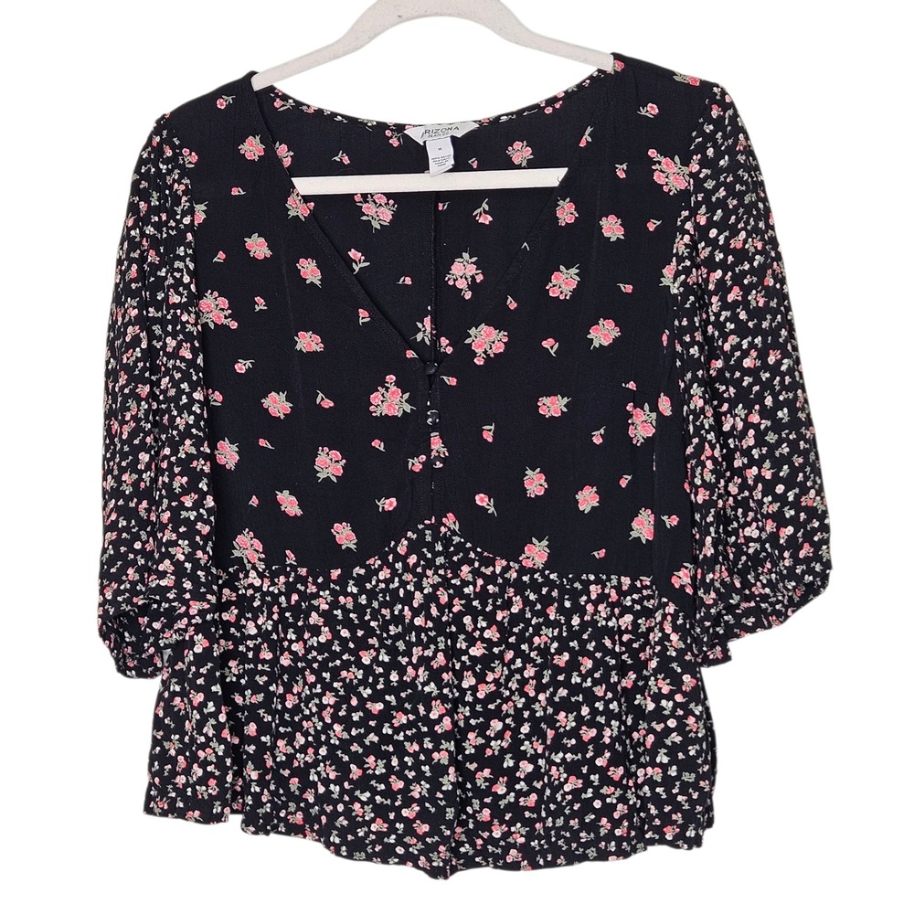 Arizona Jean Floral Print Blouse Top Medium 3/4 Sleeve Peasant Black Pink Crop